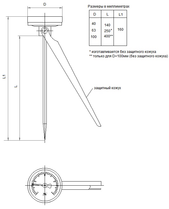 Изображение планировки термометра погружного иглового в перечне изделий НПО «Юмас»